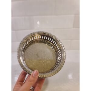 Vintage Silver Plate Round Gallery Bottle Coaster Pierced Filigree Monogram LS